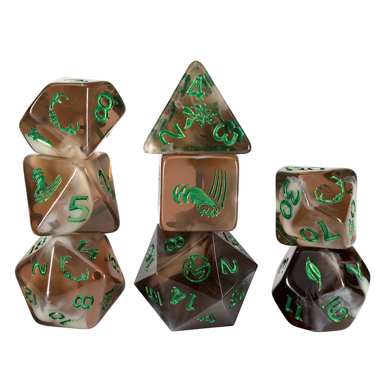 Sirius Dice: Vox Machina Adventure Dice - Keyleth (PREORDER) - Set of seven smoky translucent polyhedral dice with bright green numbers and symbols, featuring swirling patterns and.
