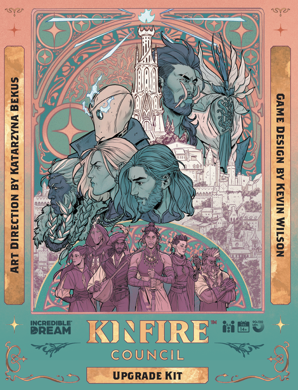 Kinfire Council: Upgrade Kit - Colorful game box cover featuring illustrated fantasy characters in detailed medieval attire with an ornate tower background