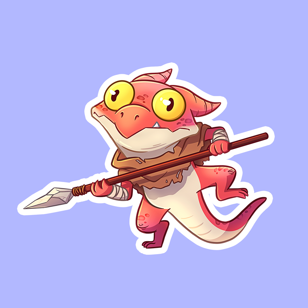 Kobold DnD Sticker - Small cartoon kobold creature with red scales, large yellow eyes, holding a spear, outlined in white sticker design.