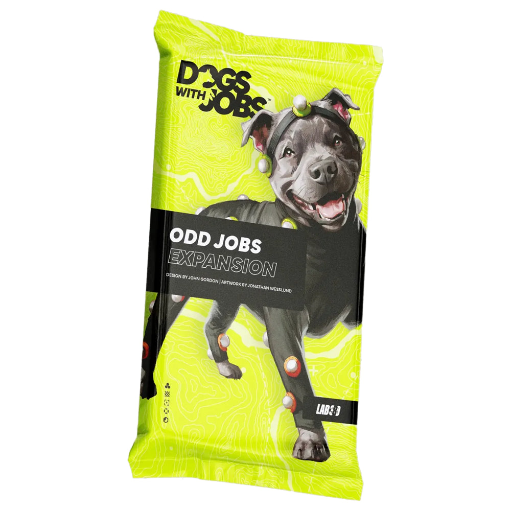 Dogs With Jobs: Odd Jobs Expansion - Bright yellow card pack for Dogs With Jobs Odd Jobs Expansion featuring a playful black dog with red paw prints.