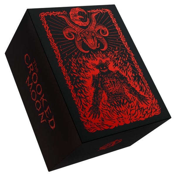D&D 5E: The Crooked Moon Deluxe Core Box Set - Black rectangular box with detailed red illustrations of a tentacled monster and a fiery humanoid figure, titled "The.
