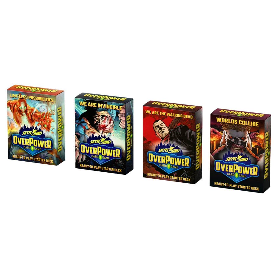 OverPower CCG: Skybound: Starter Deck (We are Invincible) - Four OverPower CCG starter deck boxes with colorful comic-style artwork, each featuring dynamic characters and bold text.