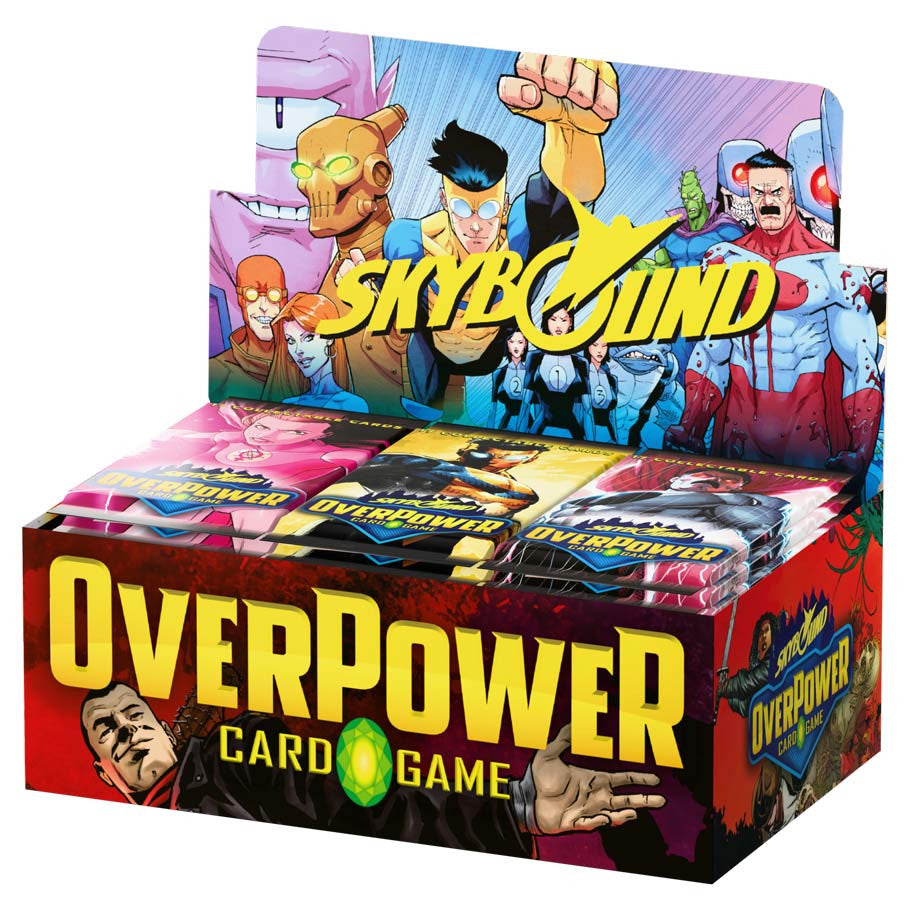 OverPower CCG: Skybound Booster Display (PREORDER) - Colorful OverPower CCG Skybound booster display box with comic-style superhero artwork and bold yellow logo.