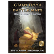 Giant Book of Battle Mats- Dragon Lairs n Dungeons (PREORDER) - Book cover with a dark fantasy cave scene, a cloaked figure facing a red dragon, gold and white text on black background.