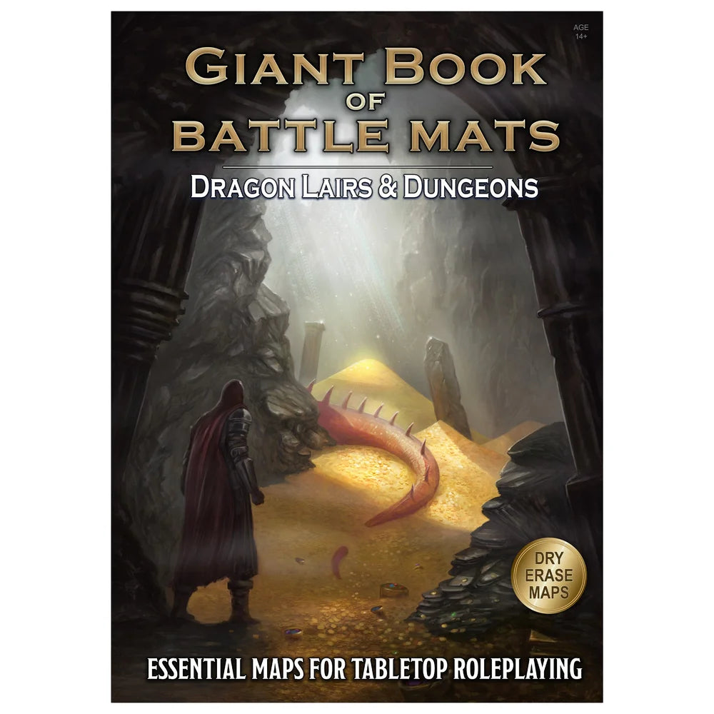 Giant Book of Battle Mats- Dragon Lairs n Dungeons (PREORDER) - Book cover with a dark fantasy cave scene, a cloaked figure facing a red dragon, gold and white text on black background.