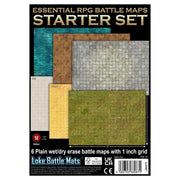 Essential RPG Battle Maps Starter Set (PREORDER) - Six rectangular RPG battle maps in various textures and colors, each with a 1-inch grid, including stone, wood, grass, sand,