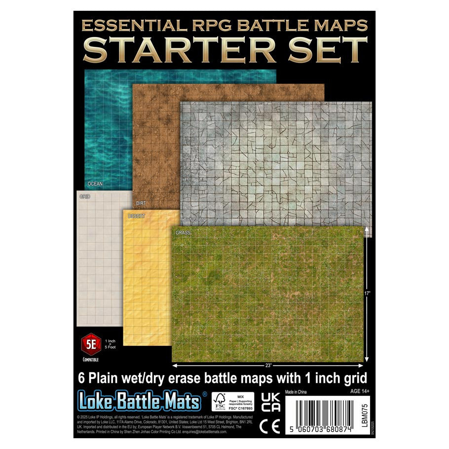 Essential RPG Battle Maps Starter Set (PREORDER) - Six rectangular RPG battle maps in various textures and colors, each with a 1-inch grid, including stone, wood, grass, sand,