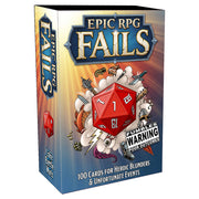 Epic RPG Fails - Boxed card game with a large red 20-sided die illustration, titled Epic RPG Fails, featuring fantasy-themed cartoon icons.