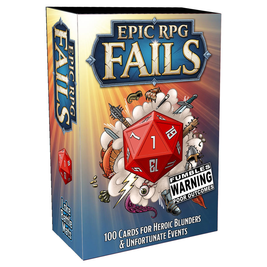 Epic RPG Fails - Boxed card game with a large red 20-sided die illustration, titled Epic RPG Fails, featuring fantasy-themed cartoon icons.