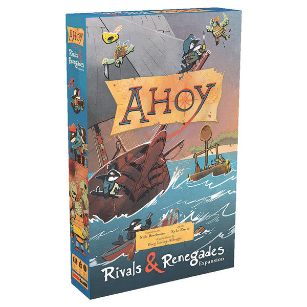 Ahoy: Rivals & Renegades Expansion - Colorful game box featuring a pirate ship sailing choppy blue waters with characters in action on the cover.