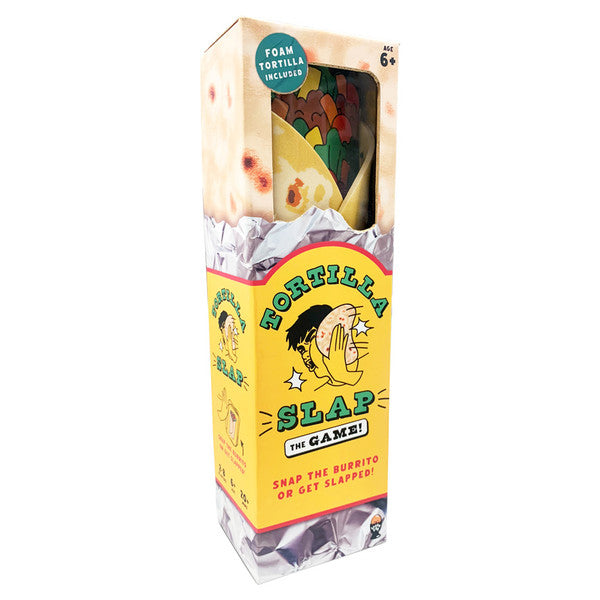 Tortilla Slap - Tall rectangular box with tortilla-themed yellow packaging and cartoon characters holding tortillas, labeled Tortilla Slap.