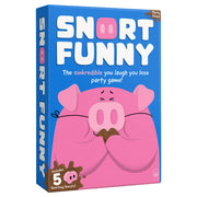 Snort Funny (PREORDER) - Bright blue and pink Snort Funny party game box featuring a cartoon pig holding a brown object over its snout and bold white