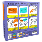 Wonky Doodles - Purple game box with playful cartoon instructions for Wonky Doodles party game, showing drawing challenges and character.