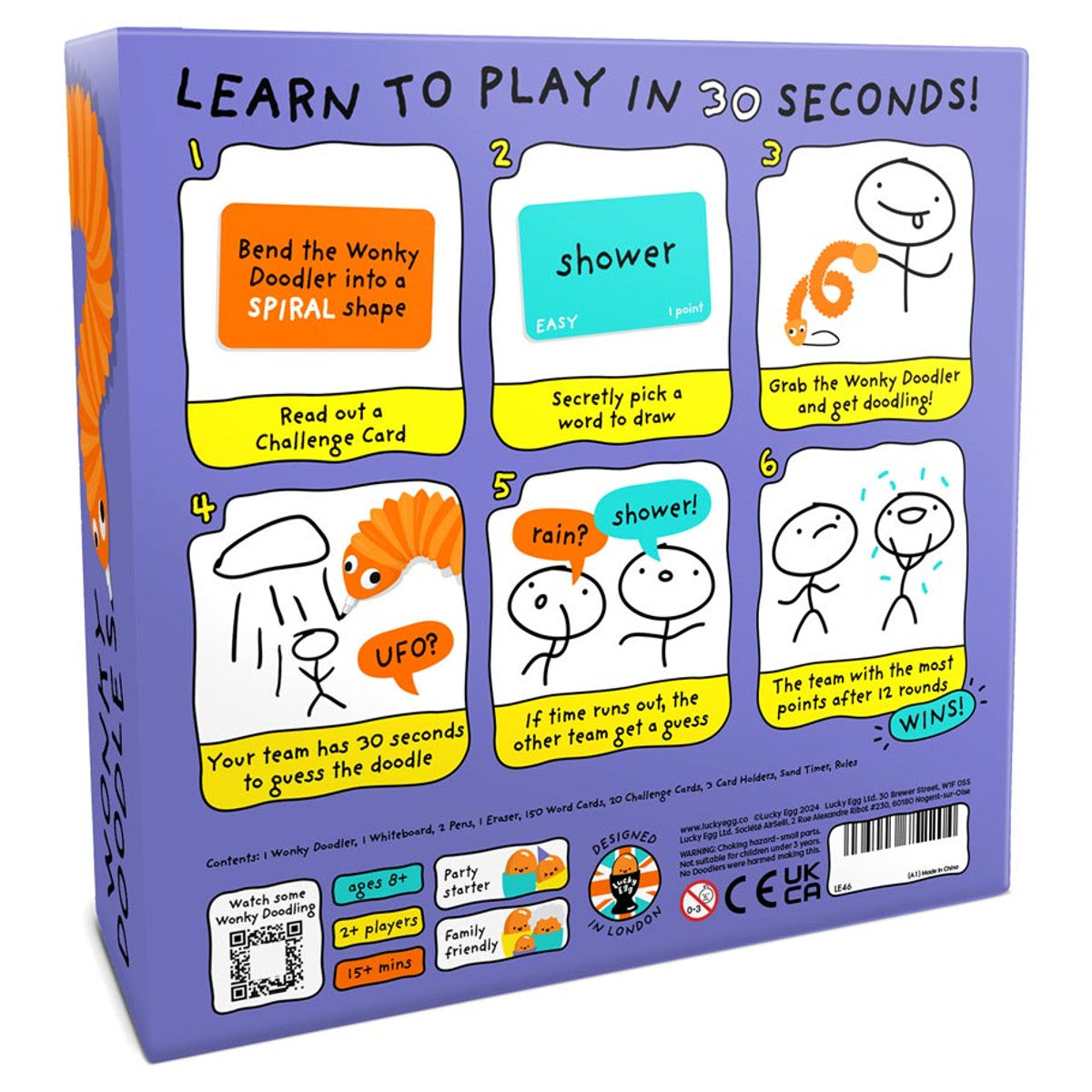 Wonky Doodles - Purple game box with playful cartoon instructions for Wonky Doodles party game, showing drawing challenges and character.