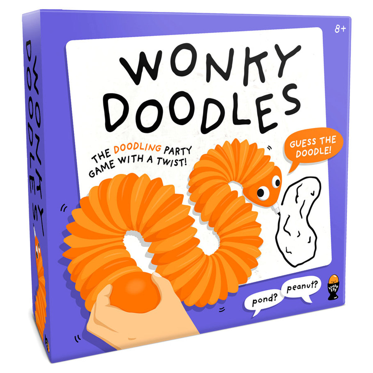 Wonky Doodles - Purple box featuring an orange segmented worm with googly eyes and a white doodle shape on the front.