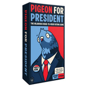 Pigeon For President - Tall rectangular box for Pigeon For President party game, featuring a cartoon pigeon in a suit and red tie on blue and red.
