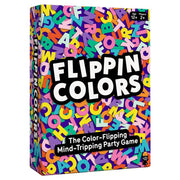 Flippin Colors - Brightly colored cardboard game box covered in scattered, multicolored letters with bold white and black "Flippin Colors".