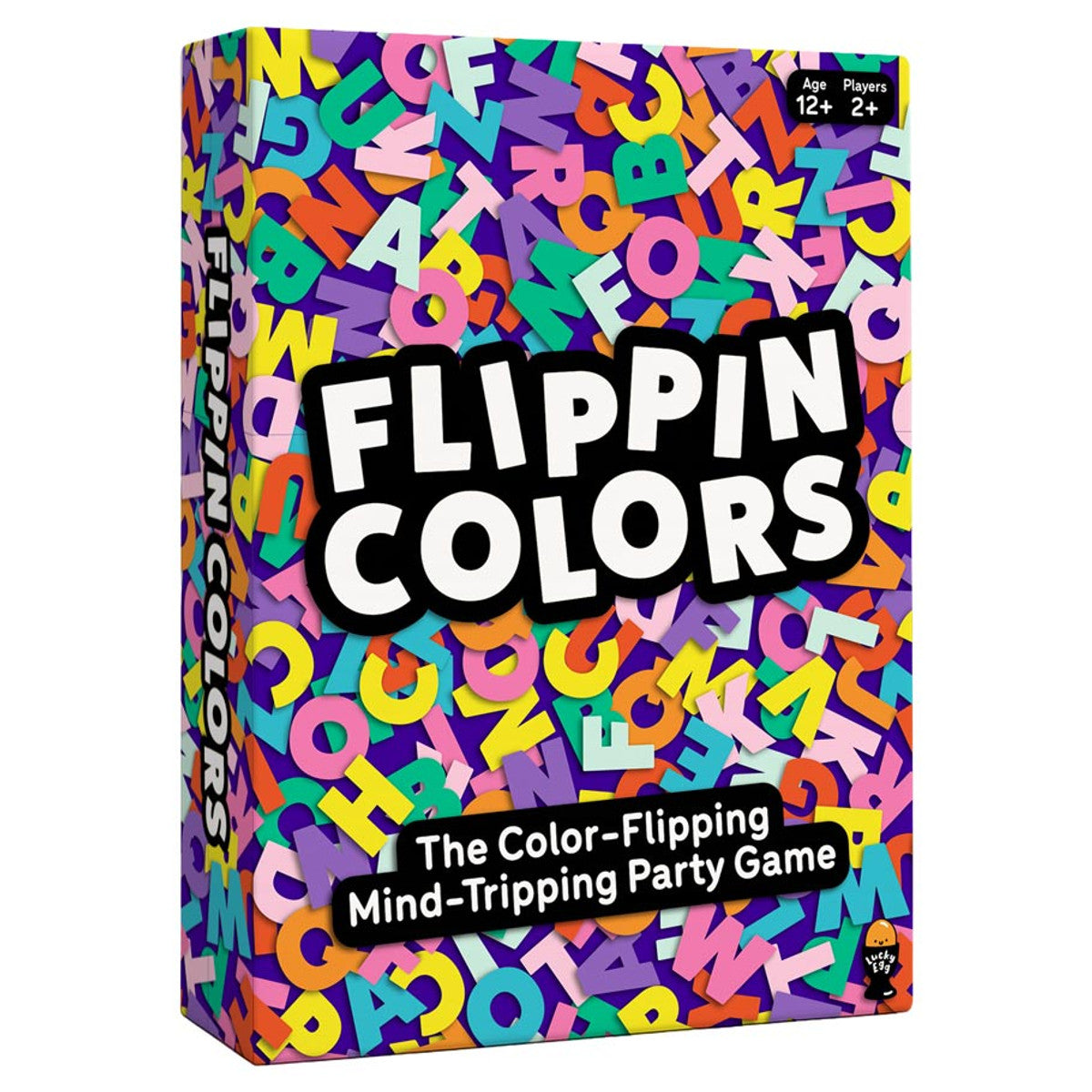 Flippin Colors - Brightly colored cardboard game box covered in scattered, multicolored letters with bold white and black "Flippin Colors".