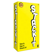 Stack It - Bright yellow rectangular box with bold white and black letters spelling "STACK IT" vertically on front and side panels.