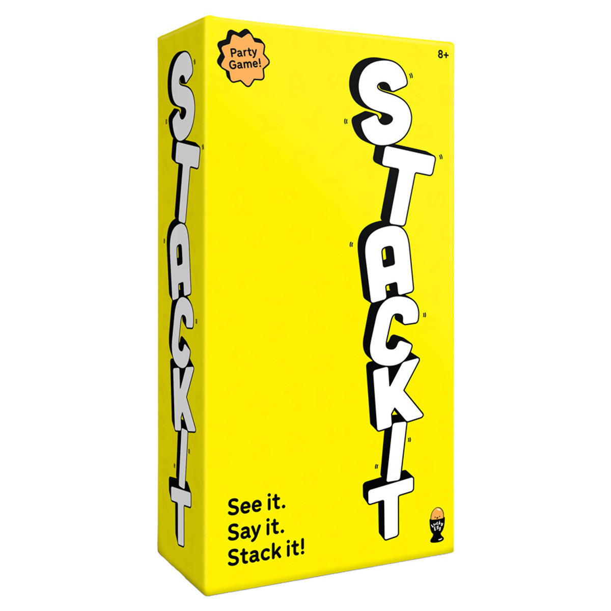 Stack It - Bright yellow rectangular box with bold white and black letters spelling "STACK IT" vertically on front and side panels.