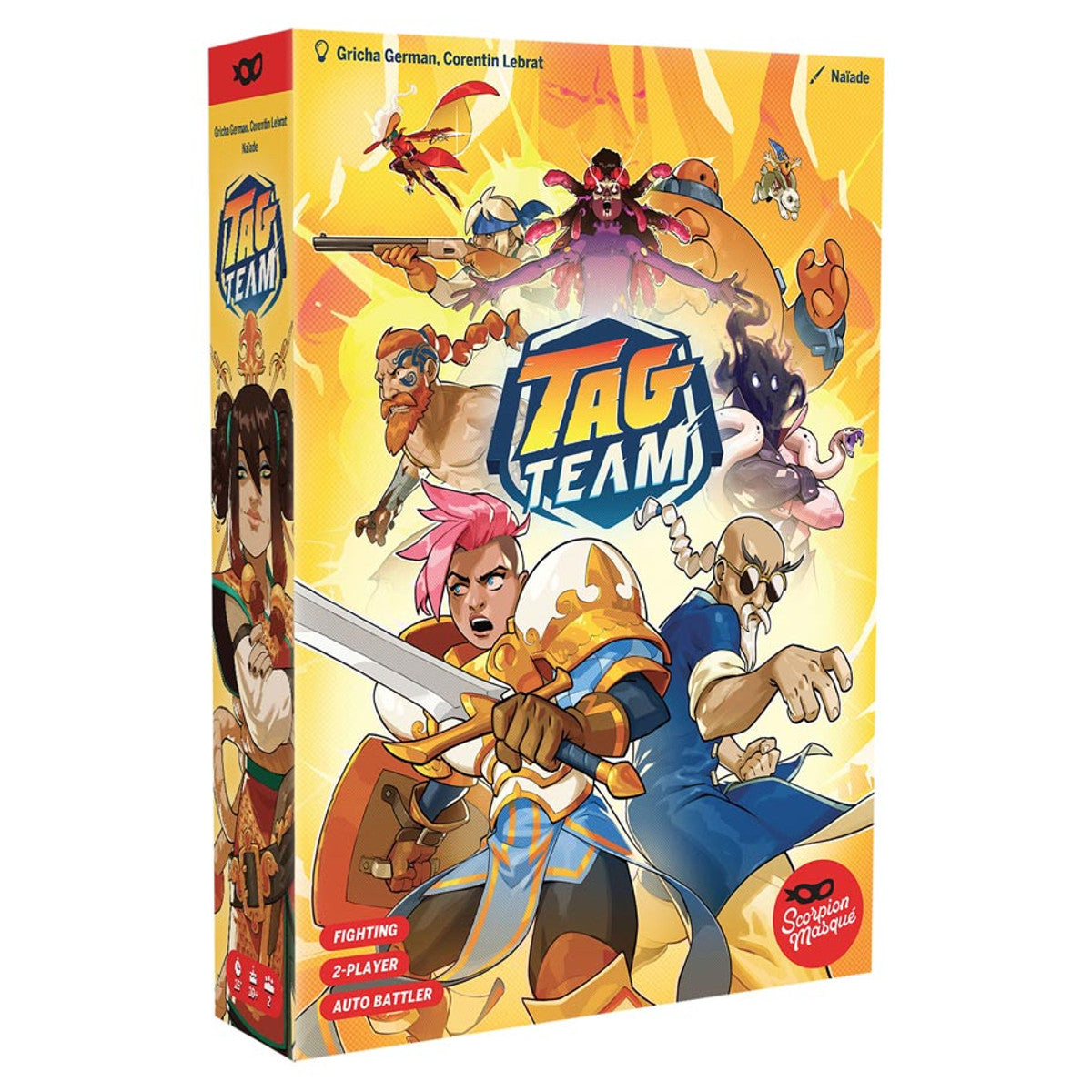 Tag Team - Bright yellow game box with colorful fantasy characters wielding swords and magic, showcasing "Tag Team" logo in bold.