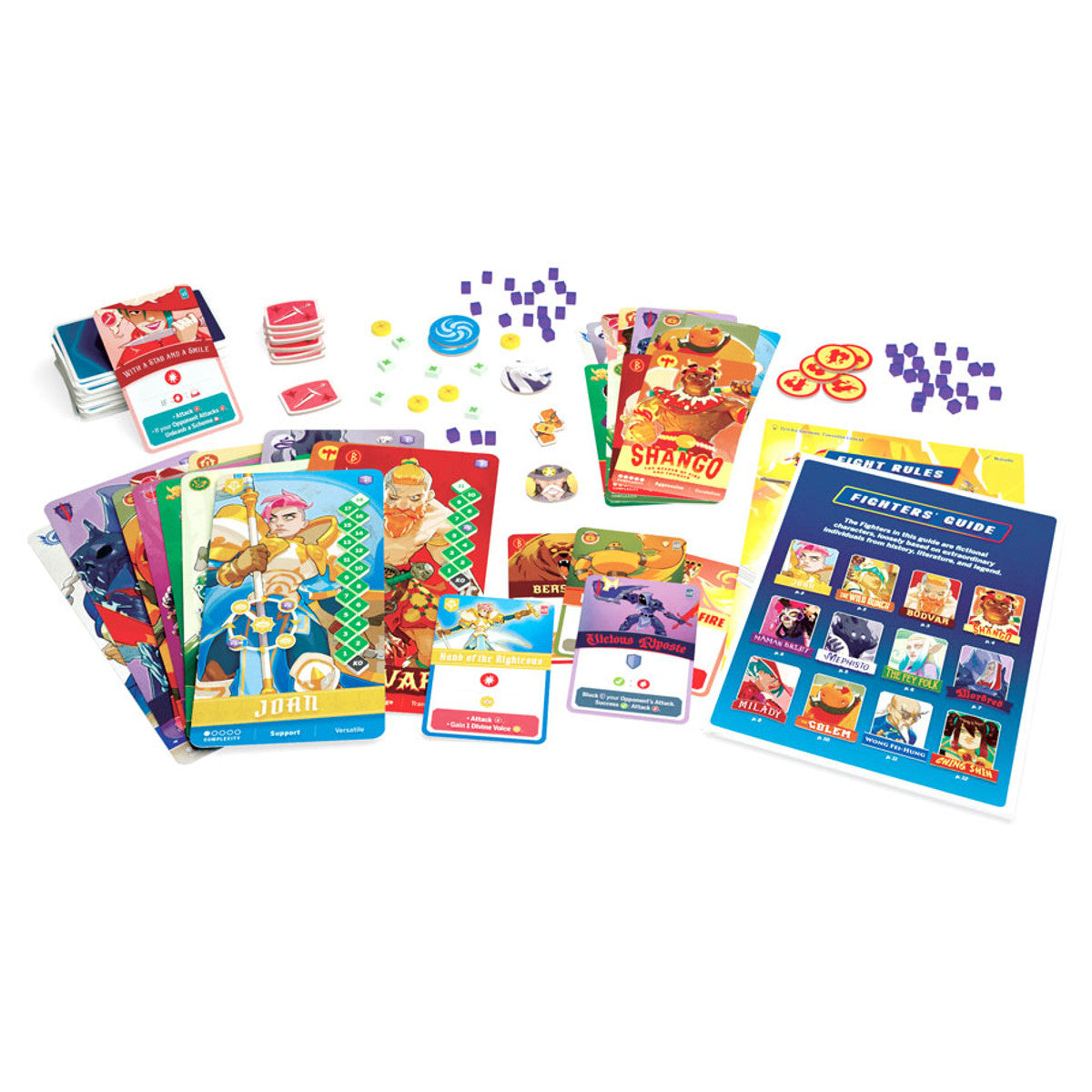 Tag Team - Colorful board game components including illustrated character cards, small purple tokens, dice, cards, and an instruction.