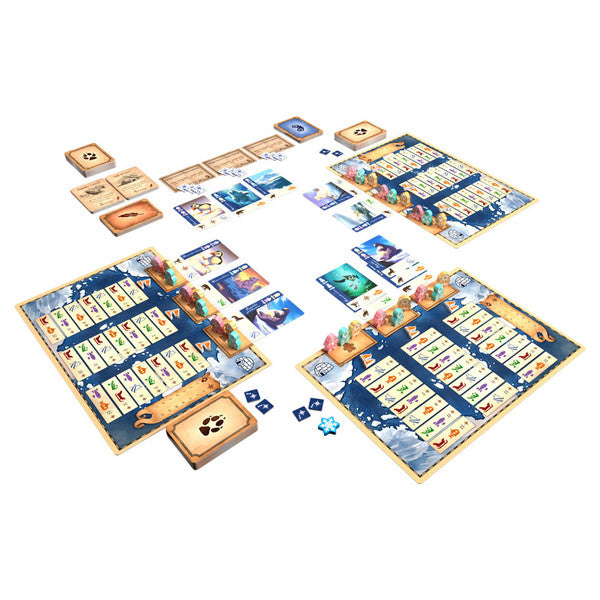 Borealis: Arctic Expedition (PREORDER) - Board game setup featuring four player boards with blue and beige Arctic-themed graphics, multiple cards, tokens, and dice.