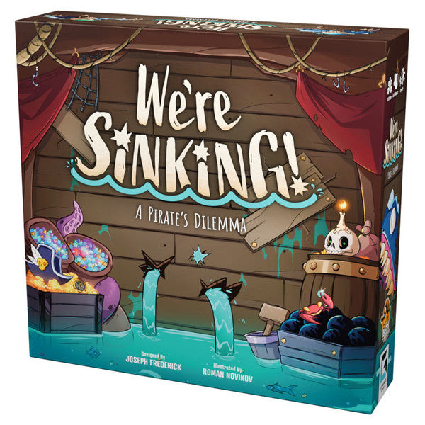 We're Sinking! A Pirate's Dilemma (PREORDER) - Board game box with pirate theme, featuring cartoon skull, treasure chests, barrels, and water flooding wooden planks.