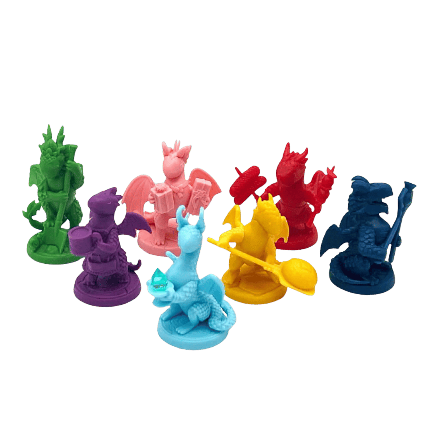 Flamecraft: Dragon Miniatures (Series 2) (PREORDER) - Eight colorful dragon miniatures in green, purple, pink, light blue, yellow, red, orange, and dark blue, each with unique.