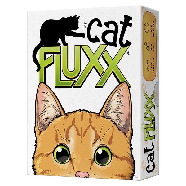 Cat Fluxx - Card game box with large green text "FLUXX" and black "cat" above, featuring a close-up illustration of an orange tabby.