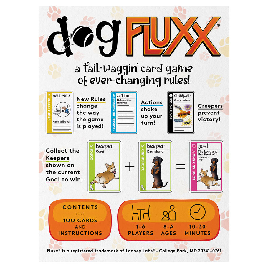 Dog Fluxx (PREORDER) - Dog Fluxx card game box with playful dog paw prints, bright orange and black text, and sample game cards showing dog.