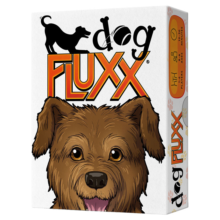 Dog Fluxx (PREORDER) - Card game box with a playful brown dog illustration and bold orange and black "Dog Fluxx" title on white background.