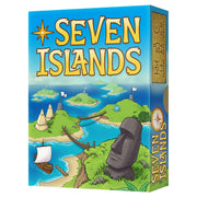 Seven Islands (PREORDER) - Seven Islands card game box with blue sky, green islands, a large stone statue, and a sailing boat on water.