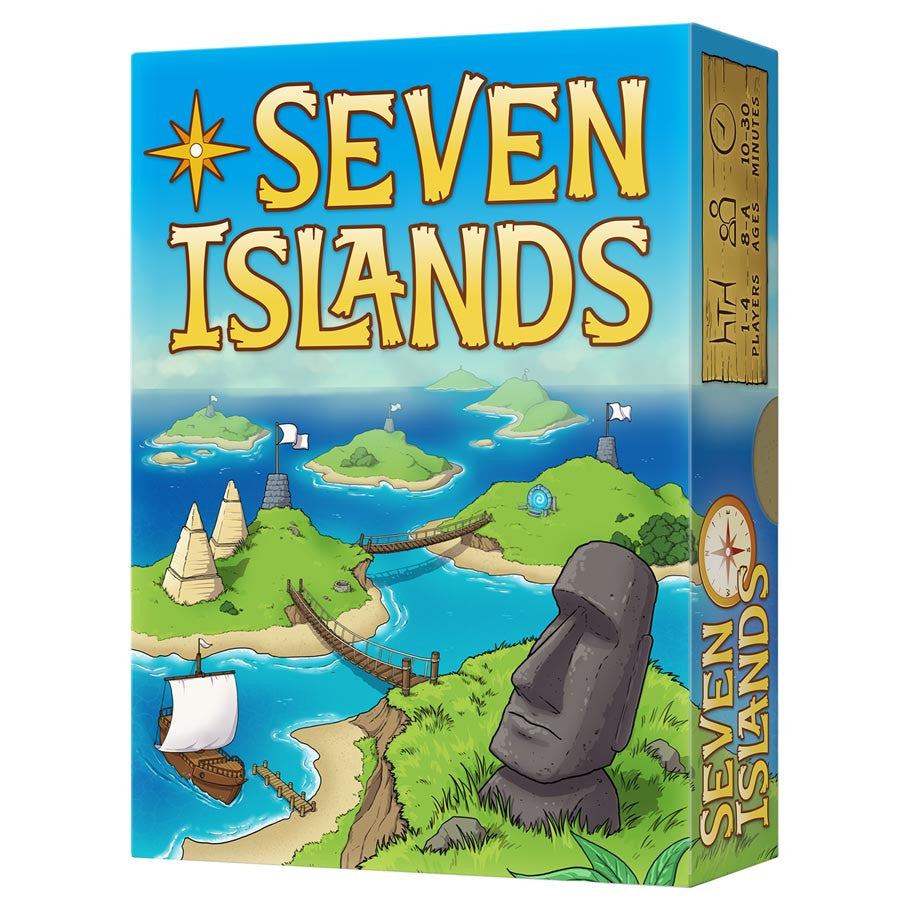 Seven Islands (PREORDER) - Seven Islands card game box with blue sky, green islands, a large stone statue, and a sailing boat on water.