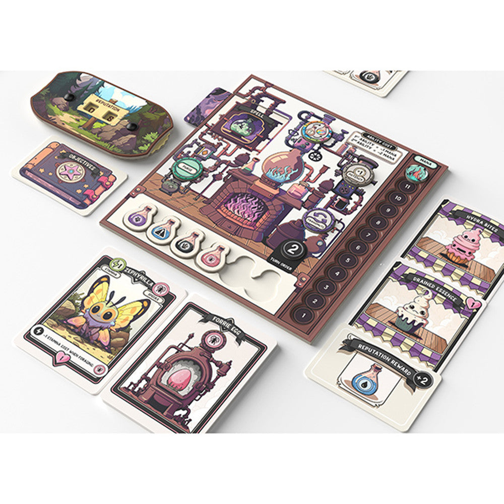 Apothebakery: The Culinary Alchemists (Deluxe) - Board game set with illustrated potion-making tools, character cards, and a colorful recipe book on a white surface.