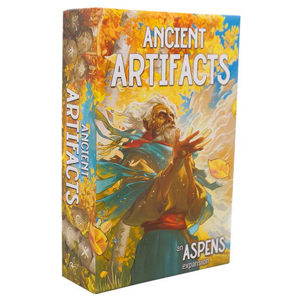 Aspens: Ancient Artifacts (PREORDER) - Colorful board game box titled Ancient Artifacts with an illustration of a robed figure reaching toward glowing orange.