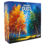 Aspens: Deciduous Duos - Board game box featuring vibrant autumn aspen trees with golden orange and green foliage against a blue sky background.