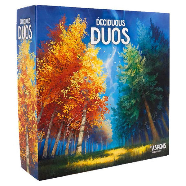 Aspens: Deciduous Duos - Board game box featuring vibrant autumn aspen trees with golden orange and green foliage against a blue sky background.
