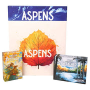 Aspens: Mega Box Bundle - Aspens Mega Box Bundle with large white box featuring orange autumn leaf, smaller colorful game boxes titled Artifacts and.