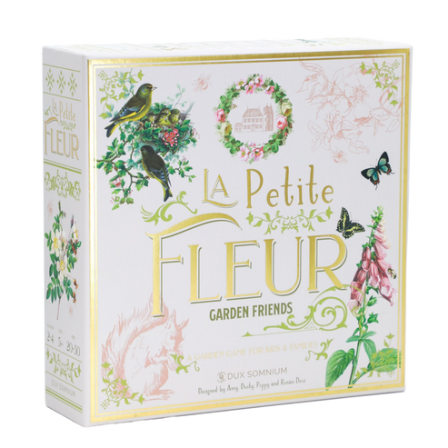 La Petite Fleur - Square white board game box with floral and bird illustrations, green and pink accents, and gold lettering reading "La.
