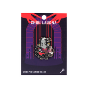 Critical Role Chibi Pin - Laudna - Chibi enamel pin of gray-skinned character with white hair, black and red outfit, holding a dagger and a chain, on purple.