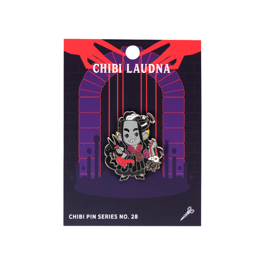 Critical Role Chibi Pin - Laudna - Chibi enamel pin of gray-skinned character with white hair, black and red outfit, holding a dagger and a chain, on purple.