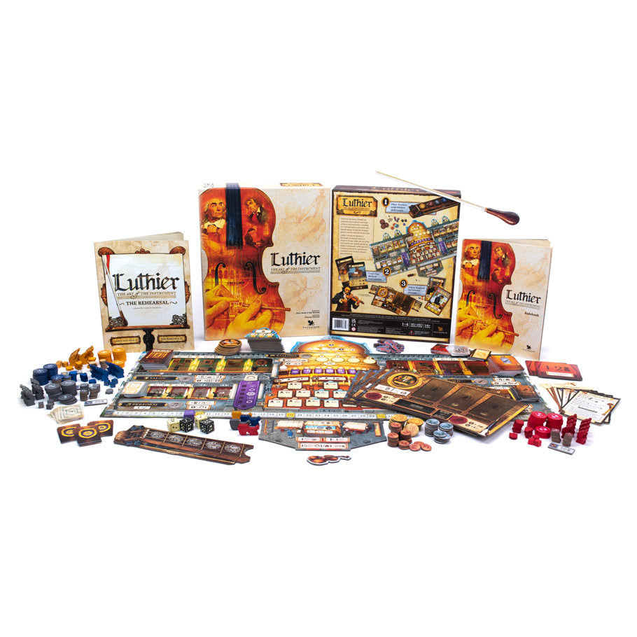 Luthier: The Art of the Instrument - Board game set with colorful illustrated boxes and numerous small, detailed cardboard tokens, cards, and player pieces.