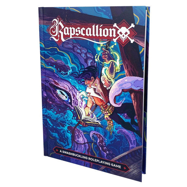 Rapscallion Corebook - Hardcover RPG book with vibrant fantasy artwork of an adventurer facing a giant purple tentacle in a cavern, titled.