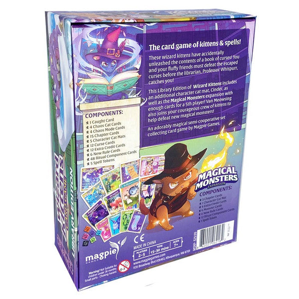 Wizard Kittens: Library Edition - Colorful rectangular box of Wizard Kittens Library Edition card game with magical and kitten-themed illustrations.