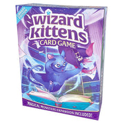 Wizard Kittens: Library Edition - Purple and blue card game box featuring a flying blue kitten casting a spell over an open glowing book.