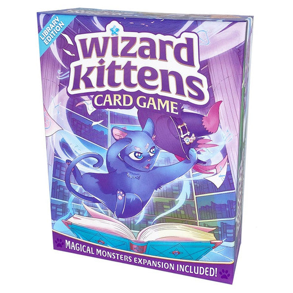 Wizard Kittens: Library Edition - Purple and blue card game box featuring a flying blue kitten casting a spell over an open glowing book.