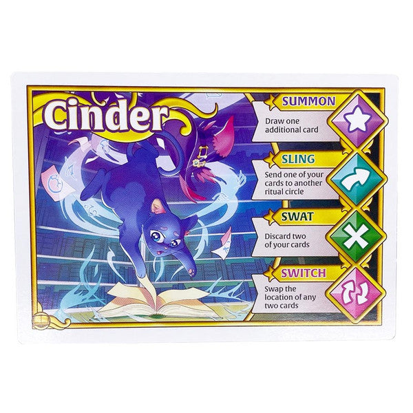 Wizard Kittens: Library Edition - Purple cat with glowing eyes and magic effects on a card labeled "Cinder" with colorful summon action icons on the right.