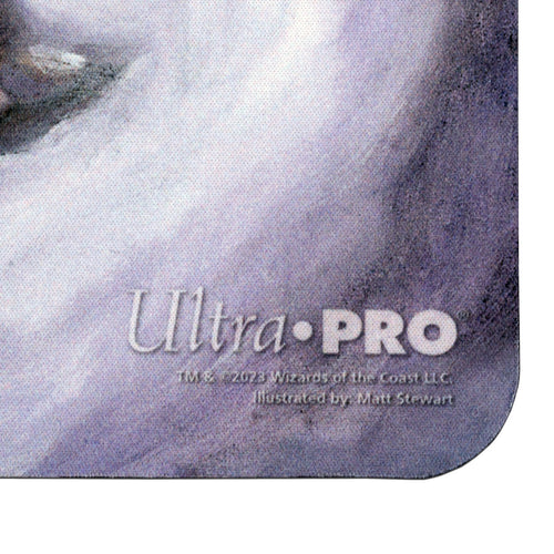 Ultra Pro Standard Playmat for Magic: The Gathering: The Lost Caverns of Ixalan : Clavileño, First of the Blessed - Close-up of textured fabric playmat corner in muted purple and grey tones with subtle shading and Ultra PRO logo printed in.