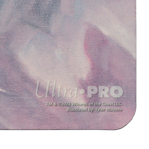 Ultra Pro Standard Playmat for Magic: The Gathering: The Lost Caverns of Ixalan : Hakbal of the Surging Soul - Close-up of a corner of a smooth purple and pink playmat with Ultra PRO logo and small copyright text.